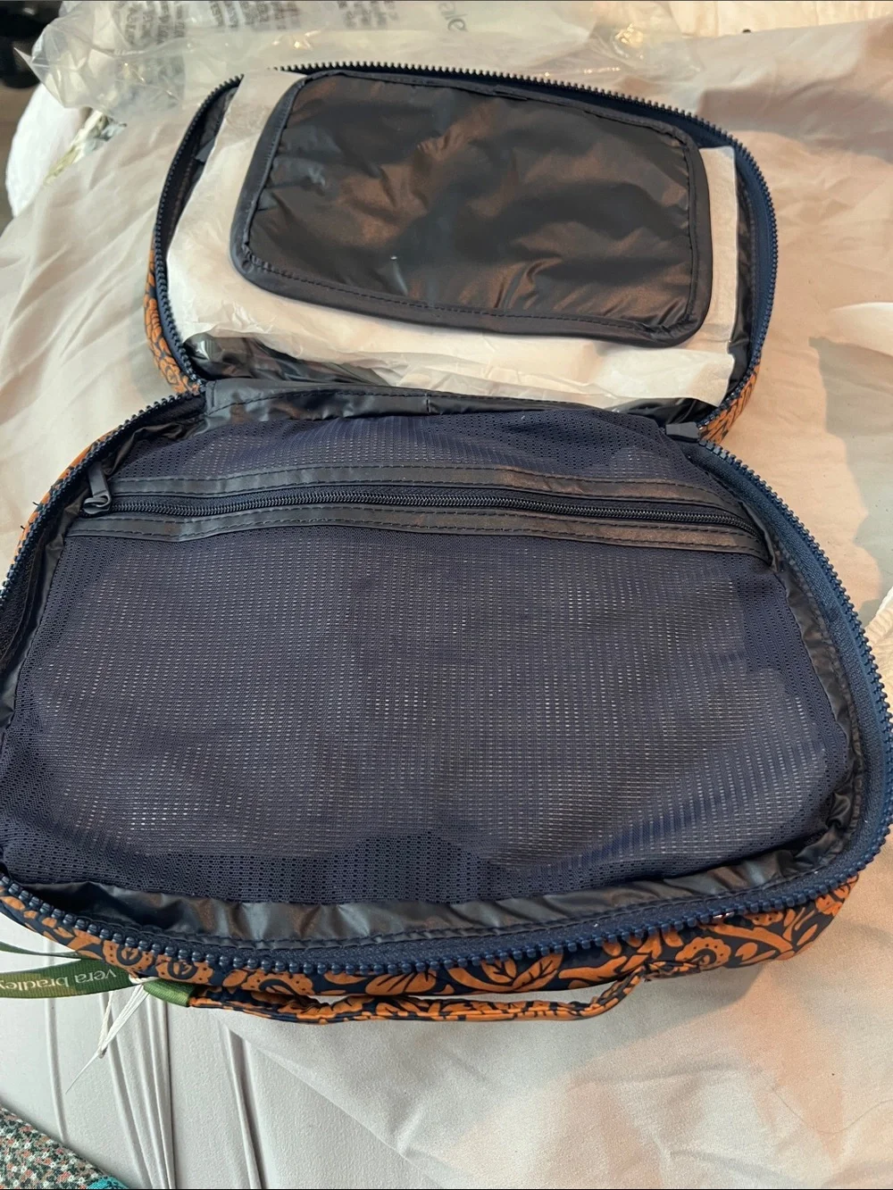 Vera Bradley Navy and Orange Floral Pouch with Green Pull